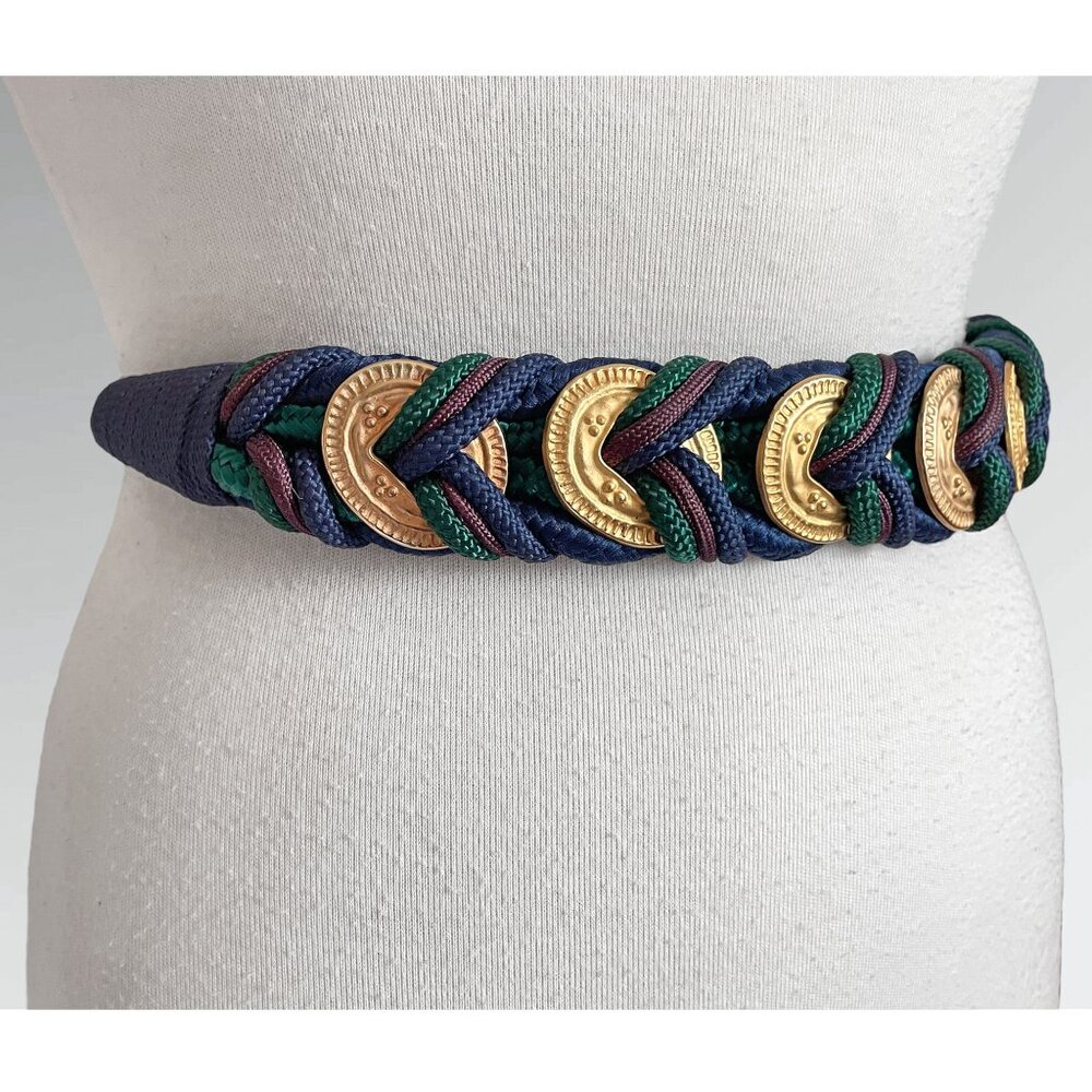 Vintage 80s Gold Tone Medallions & Braided Rope Belt - Picture 3 of 5